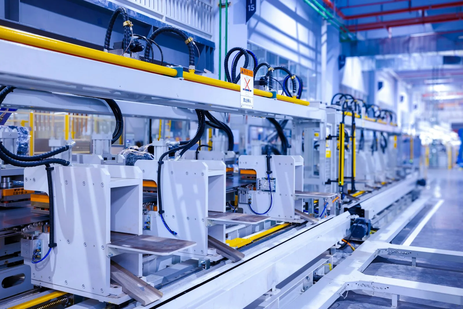 Manufacturing facility production floor with packaging and operation supplies