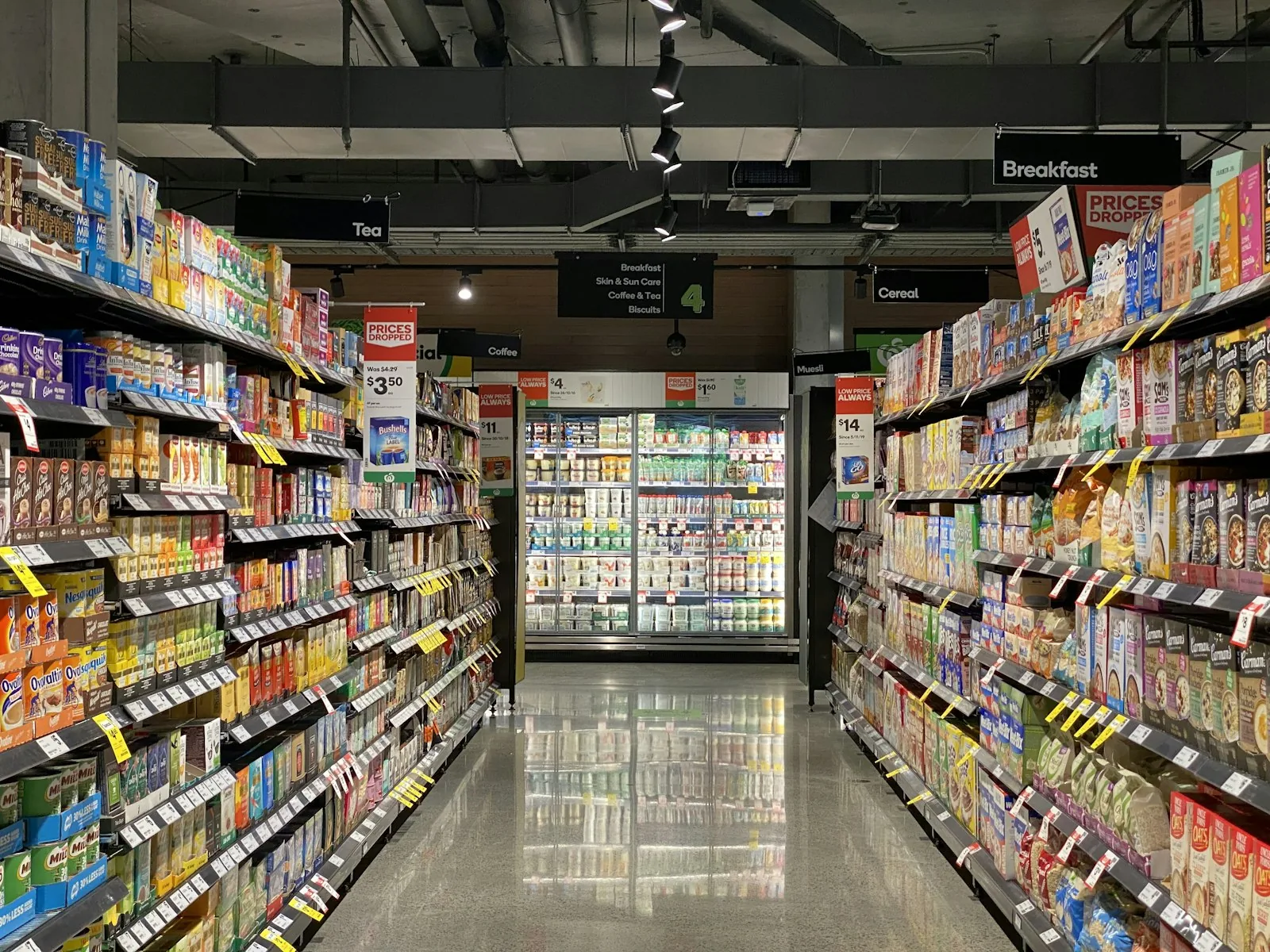 Retail grocery and convenience store interior stocked with daily supplies
