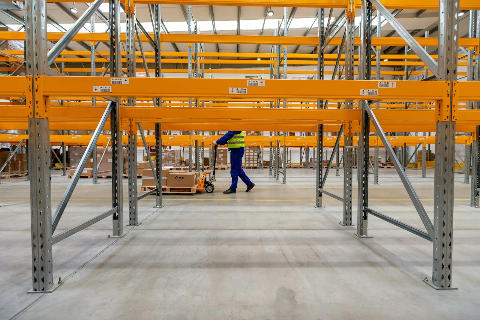 Warehouse fulfillment center stocked with shipping cartons and pallets